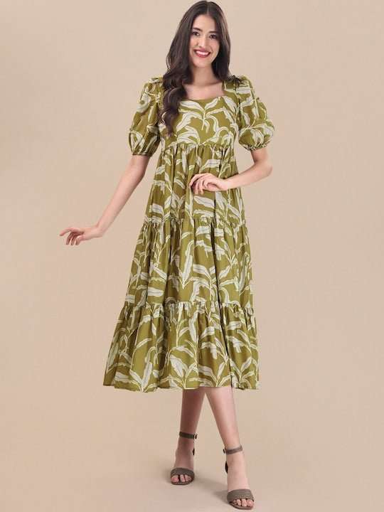 Green Floral Printed Fit And Flare Puff Sleeves Tiered Ethnic Dresses - Inddus.com