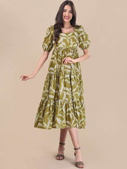 Green Floral Printed Fit And Flare Puff Sleeves Tiered Ethnic Dresses - Inddus.com