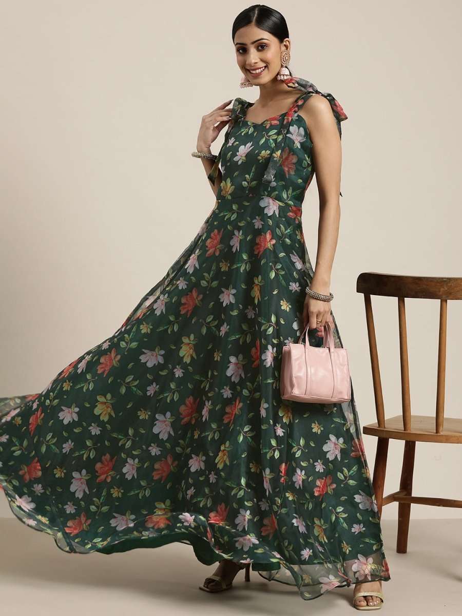 Green Floral Printed Fit and Flared Organza Gown - Inddus.com