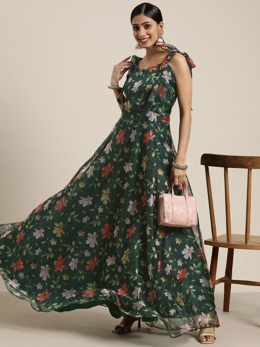 Green Floral Printed Fit and Flared Organza Gown - Inddus.com