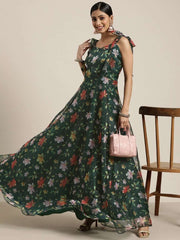 Green Floral Printed Fit and Flared Organza Gown - Inddus.com