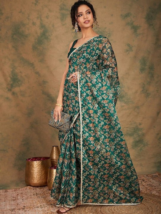 Green Floral Printed Organza Saree