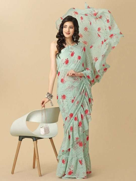 Green Floral Printed Ruffle Saree