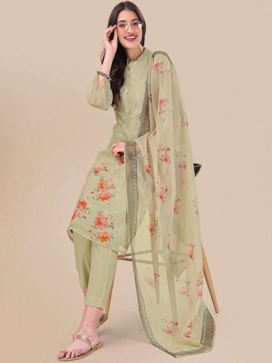 Green Floral Printed Sequin Detail Straight Kurta & Trousers With Dupatta - Inddus.com