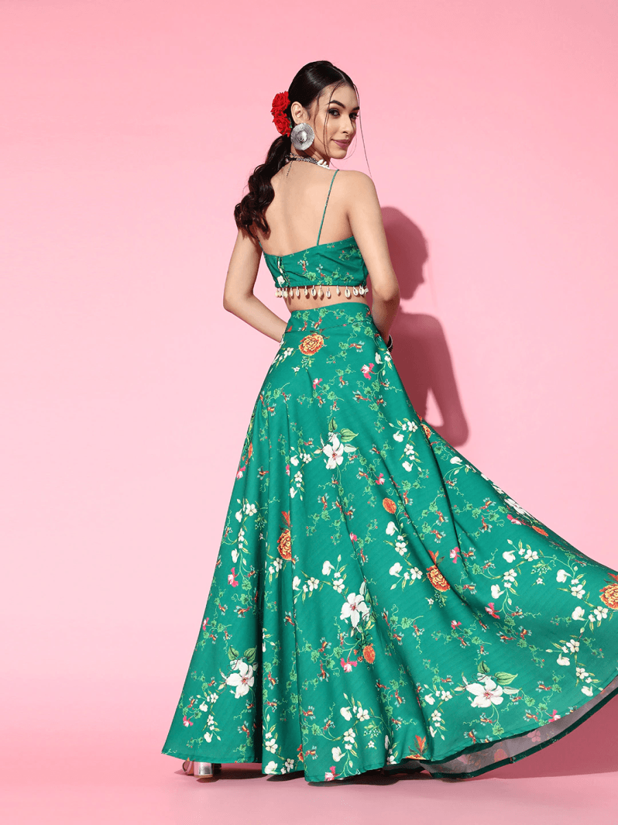 Green Floral Printed Skirt with Top - Inddus.com