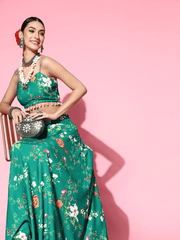 Green Floral Printed Skirt with Top - Inddus.com