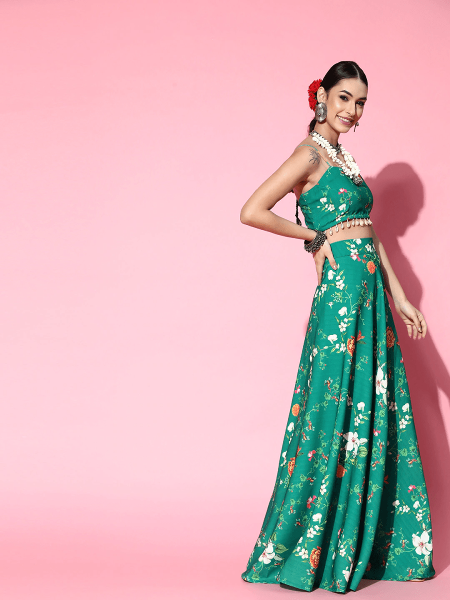 Green Floral Printed Skirt with Top - Inddus.com