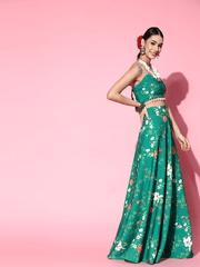 Green Floral Printed Skirt with Top - Inddus.com