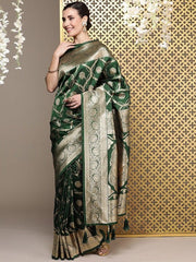 Green Floral Zari Silk Blend Banarasi Saree - Inddus.com
