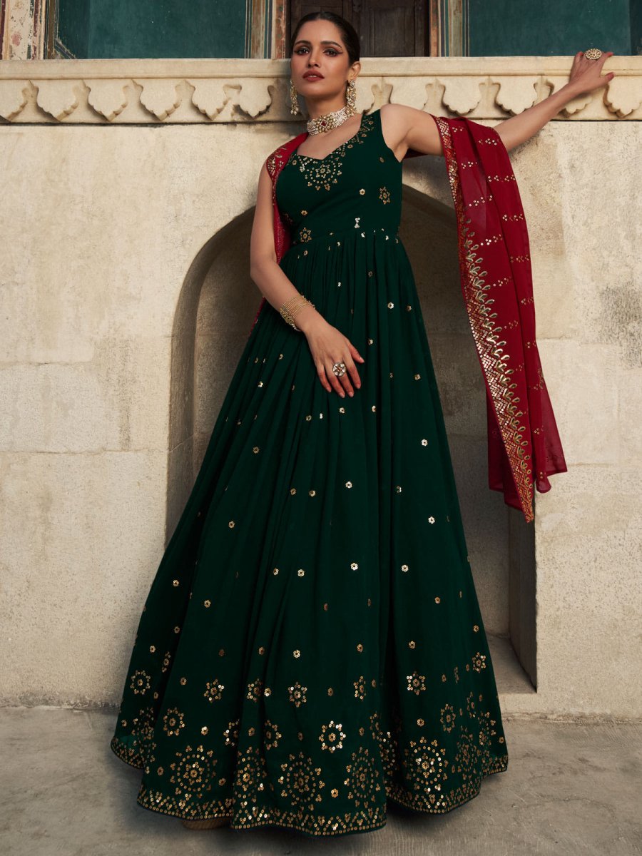 Green Georgette Festive Gown - Inddus.com