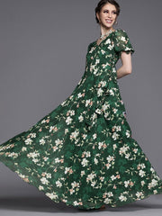 Green Georgette Floral Gown - Inddus.com