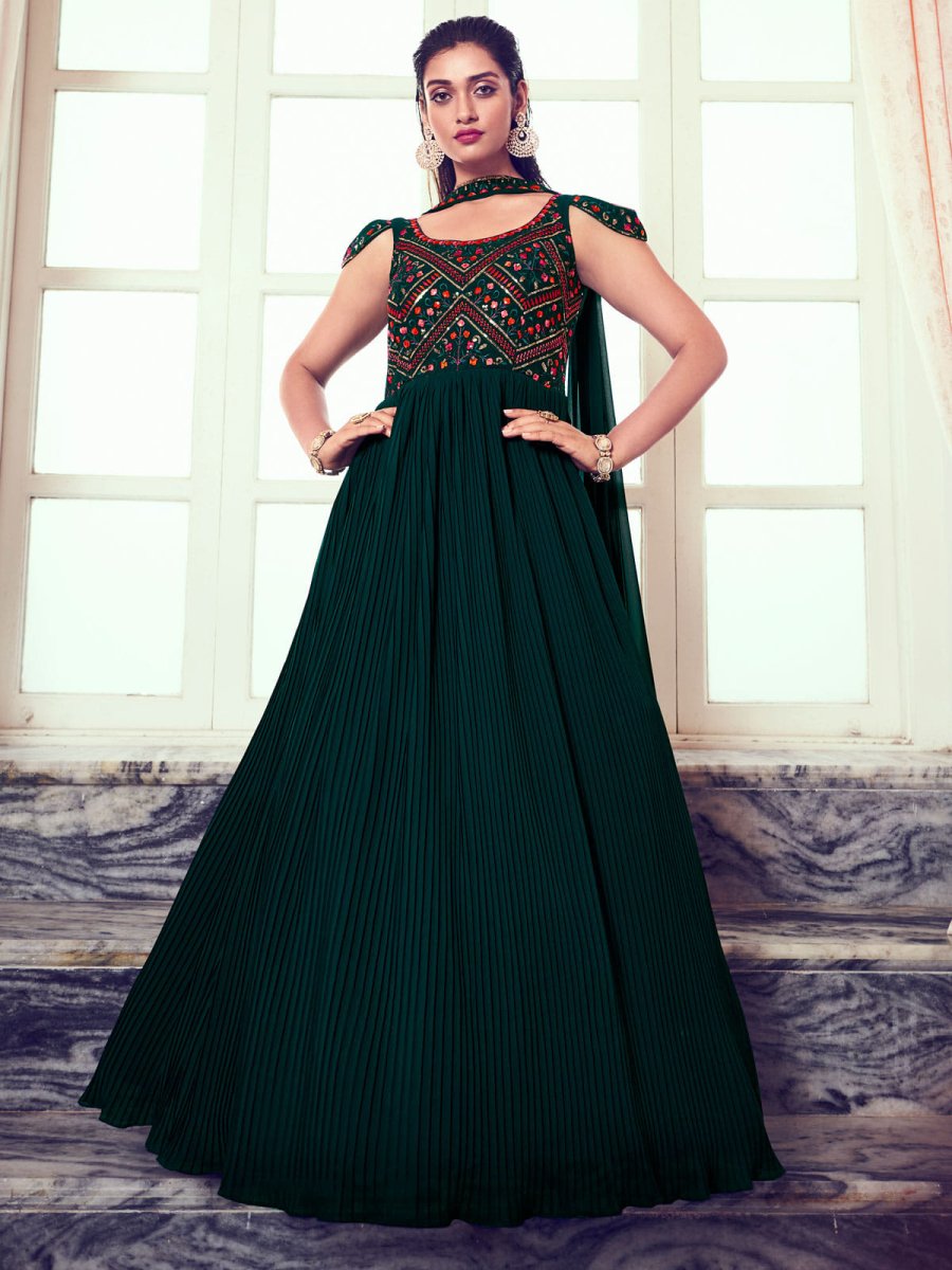 Green Georgette Partywear Gown - Inddus.com