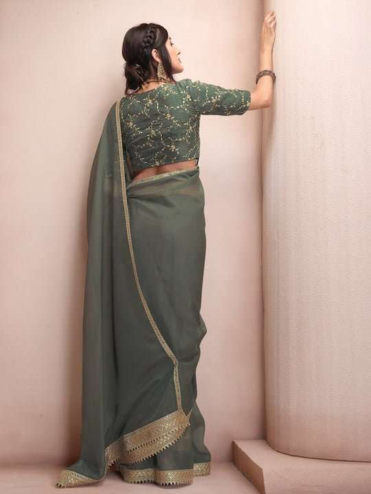 Green & Gold-Toned Embroidered Organza Saree