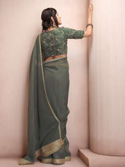 Green & Gold-Toned Embroidered Organza Saree