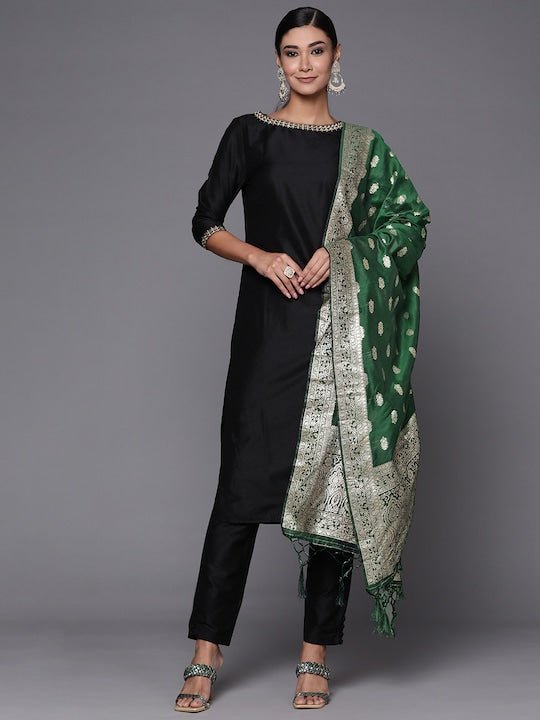 Green & Gold-Toned Ethnic Motifs Woven Design Dupatta with Zari - Inddus.com