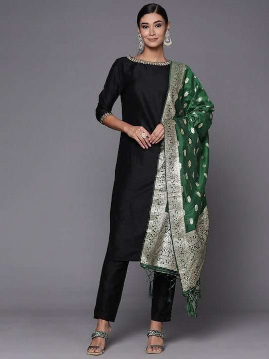 Green & Gold-Toned Ethnic Motifs Woven Design Dupatta with Zari - Inddus.com