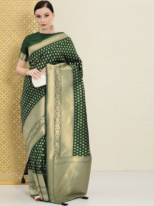 Green & Gold-Toned Ethnic Motifs Zari Silk Blend Banarasi Saree