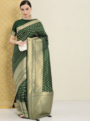 Green & Gold-Toned Ethnic Motifs Zari Silk Blend Banarasi Saree