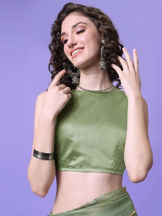 Green & Gold-Toned Floral Zari Organza Saree - Inddus.com
