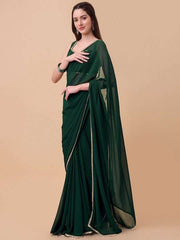 Green & Gold-Toned Mirror Work Saree - Inddus.com