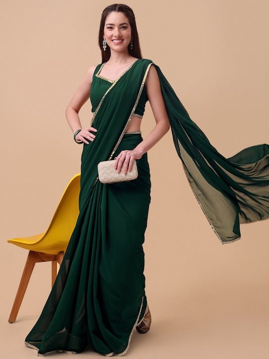 Green & Gold-Toned Mirror Work Saree - Inddus.com