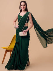 Green & Gold-Toned Mirror Work Saree - Inddus.com