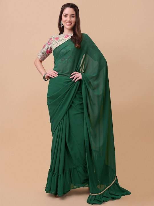 Green & Gold-Toned Solid Ruffled Saree - Inddus.com
