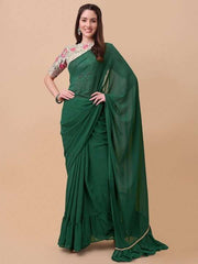 Green & Gold-Toned Solid Ruffled Saree - Inddus.com