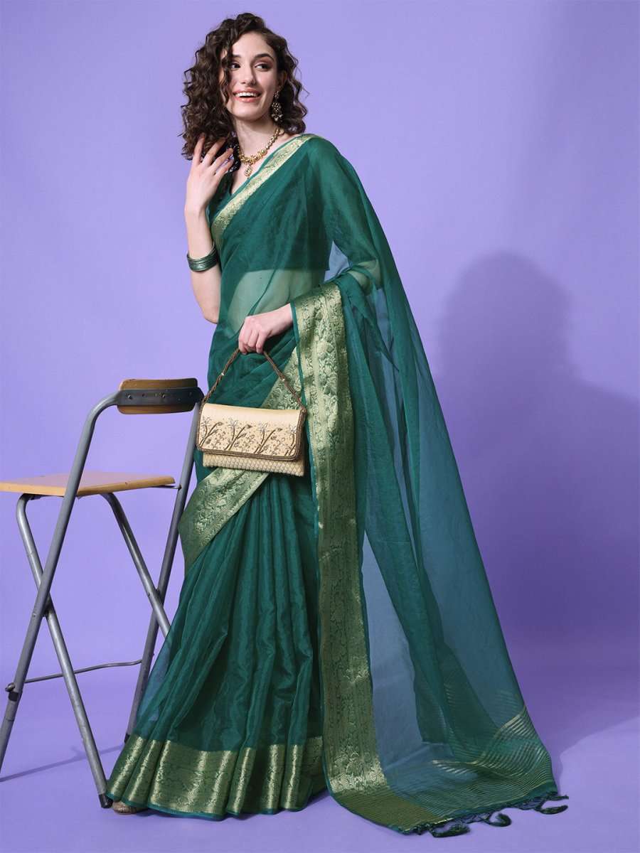 Green Gold-Toned Woven Design Zari Organza Saree - Inddus.com