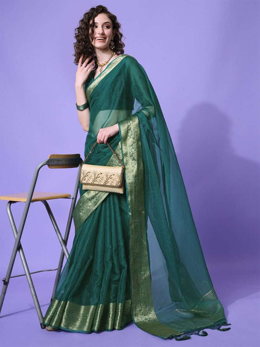 Green Gold-Toned Woven Design Zari Organza Saree - Inddus.com