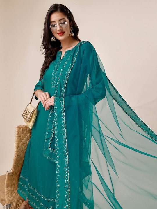 Green & Gold Toned Yoke Design Chanderi Cotton Kurta & Trousers With Dupatta - Inddus.com