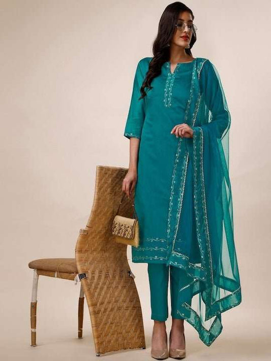 Green & Gold Toned Yoke Design Chanderi Cotton Kurta & Trousers With Dupatta - Inddus.com