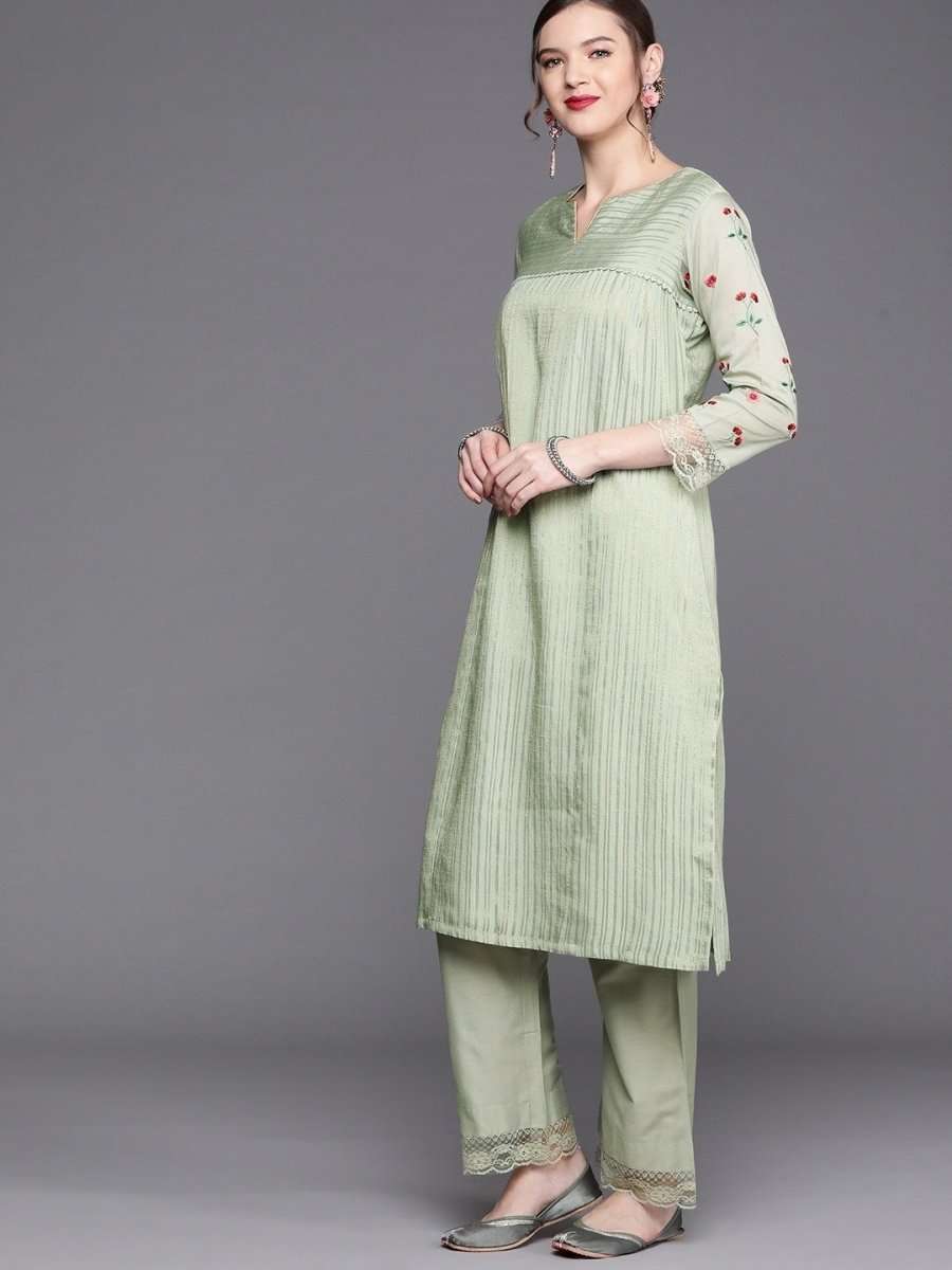 Green Golden Stripped Embroidered with Laced Pants and Embroidered Dupatta - inddus-us