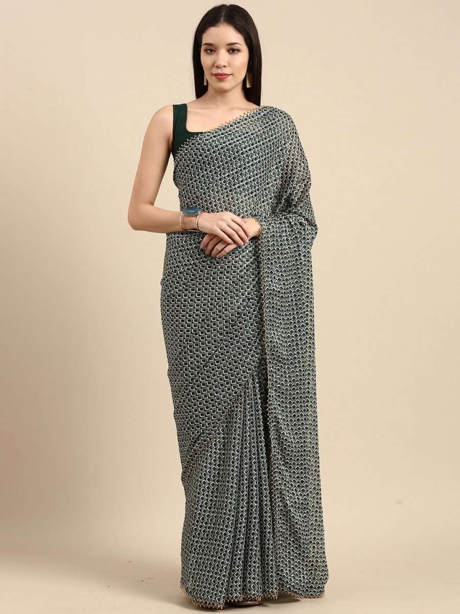 Green Golden Stripped Printed Saree - Inddus.com
