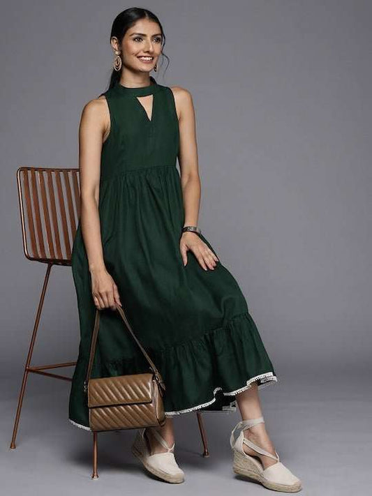 Green Keyhole Neck A-Line Midi Dress - Inddus.com