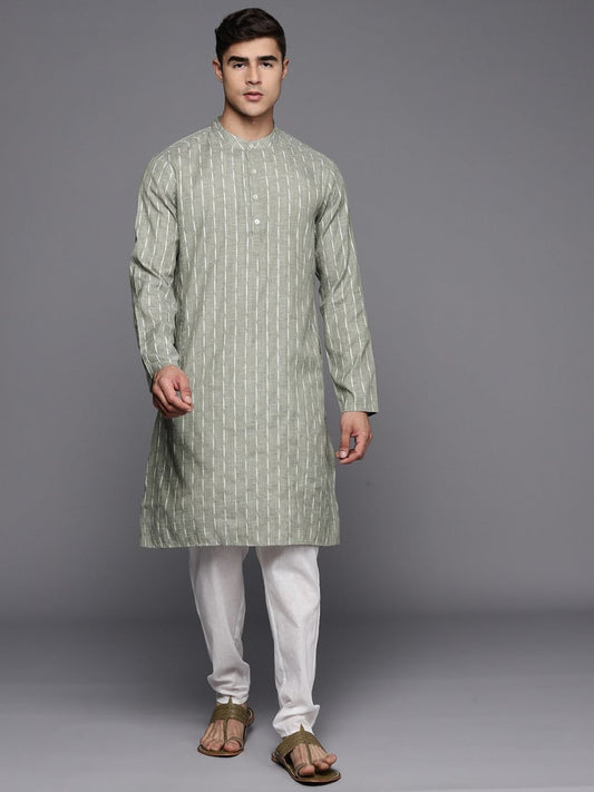 Green Linen Blend Striped Kurta - Inddus.com