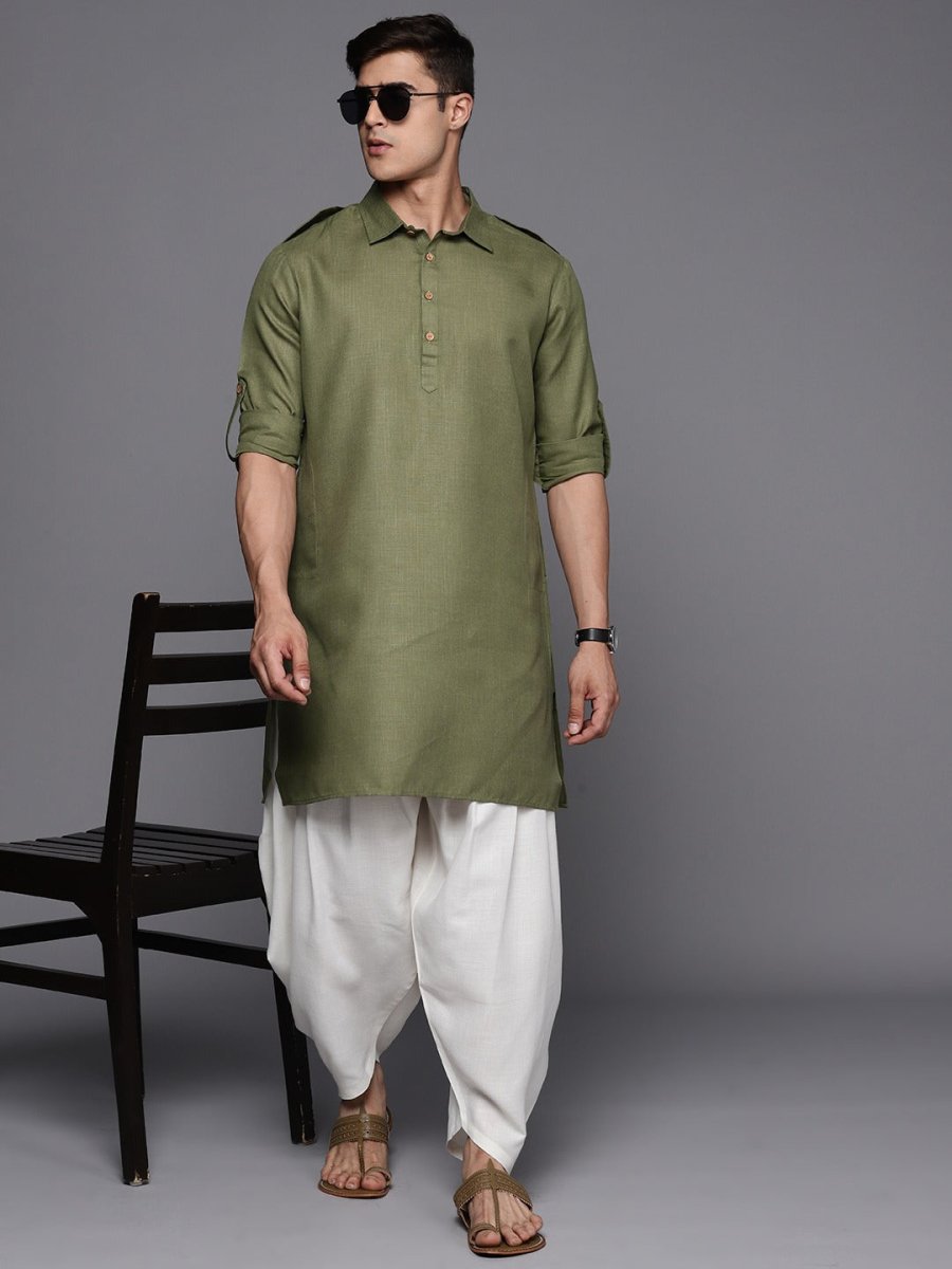 Green Linen Pathani Kurta with Dhoti Pants - Inddus.com