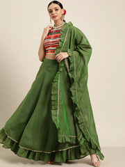Green & Multicoloured Embroidered Sequinned Ready to Wear Lehenga & Blouse With Dupatta - Inddus.com