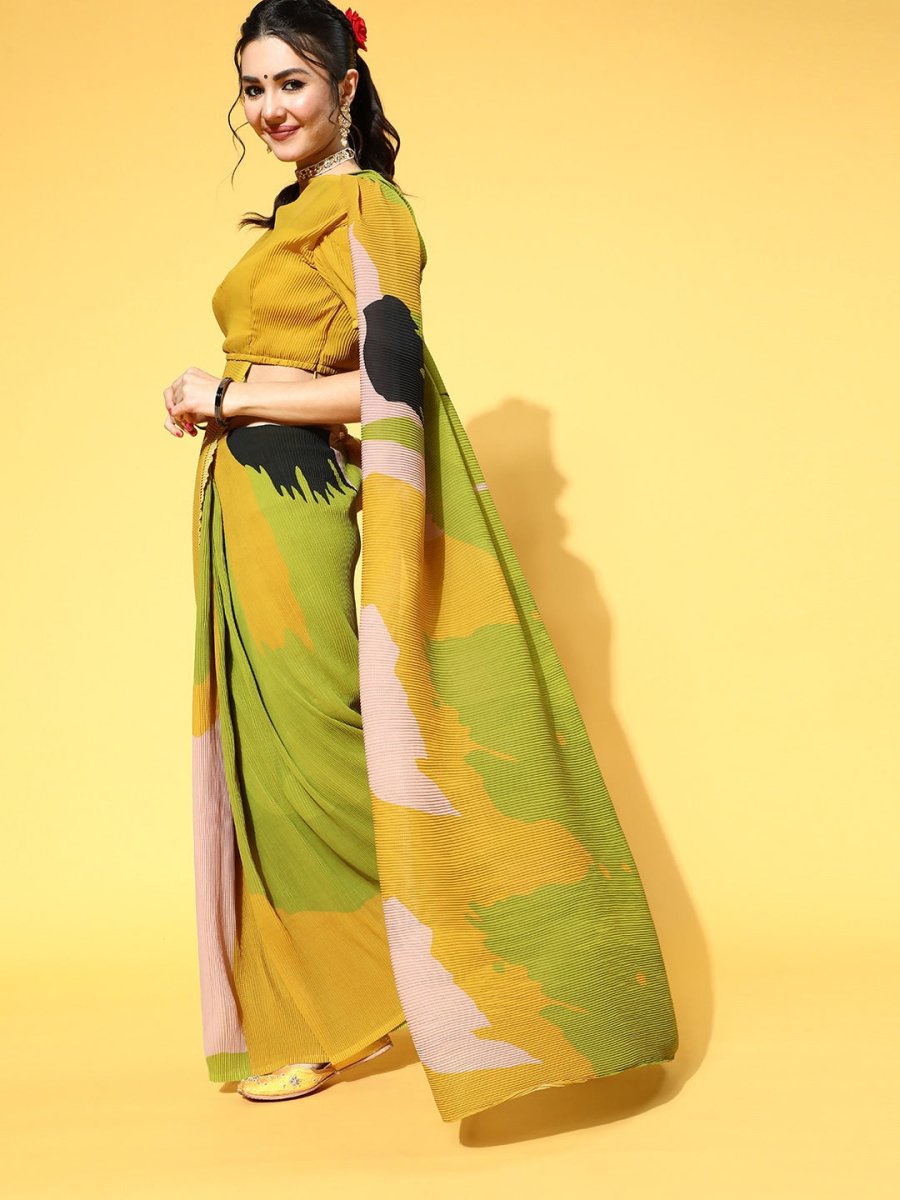 Green & Mustard Accordian Pleat Printed Saree - Inddus.com