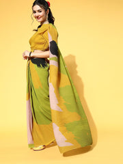 Green & Mustard Accordian Pleat Printed Saree - Inddus.com