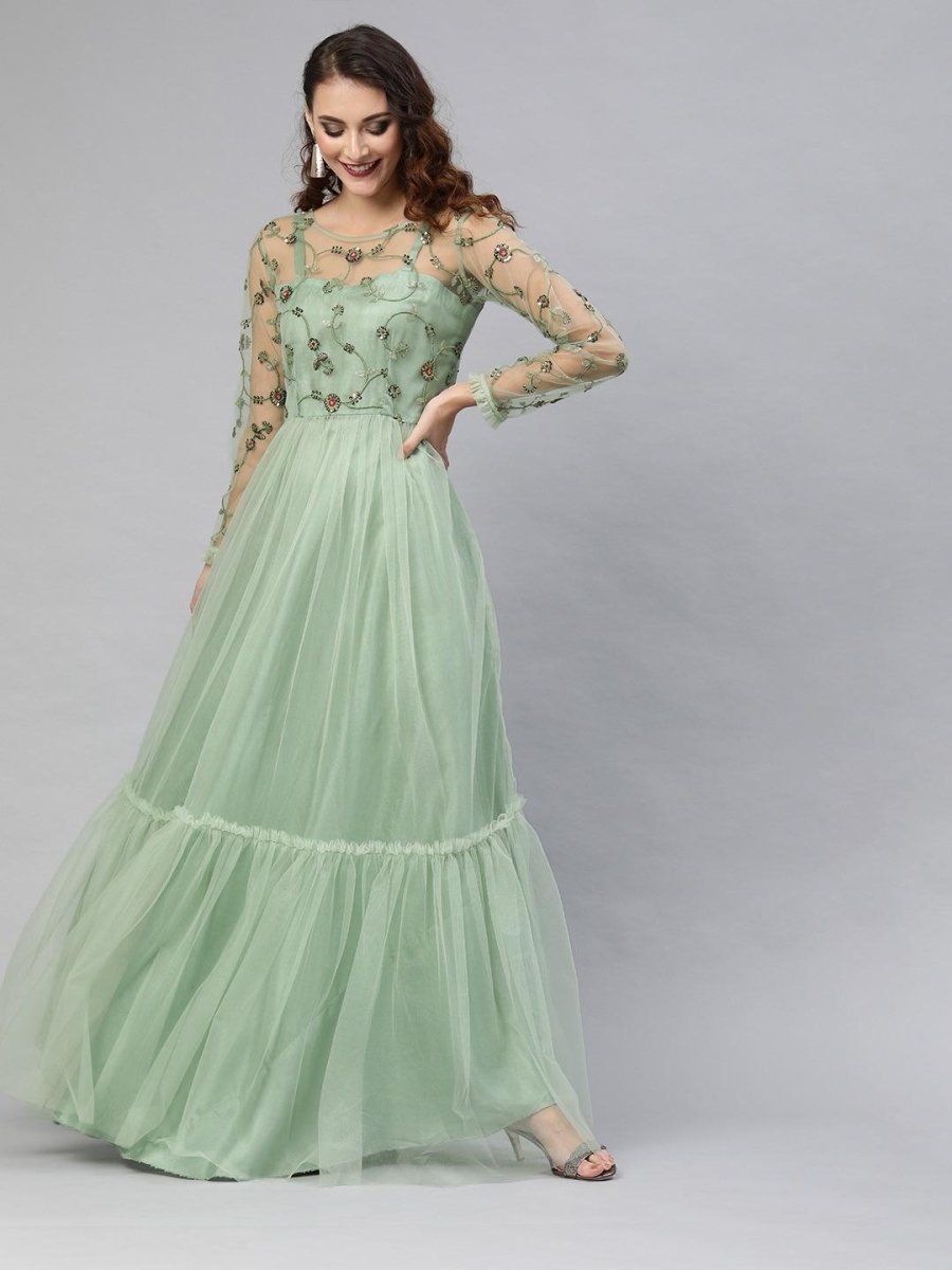 Fit Flared Embroidered Net Maxi Gown