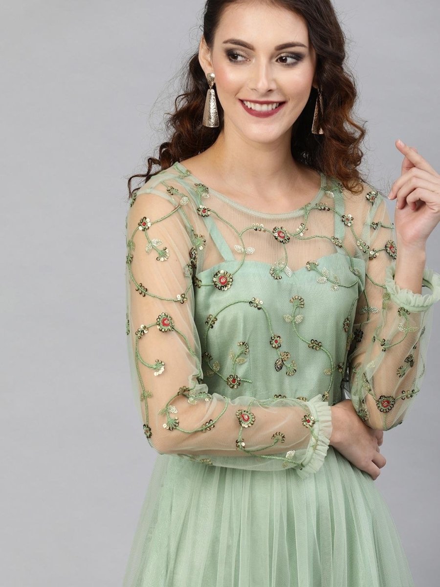 Green Net Embroidered Fit & Flared Maxi Gown - inddus-us