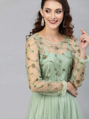 Green Net Embroidered Fit & Flared Maxi Gown - inddus-us