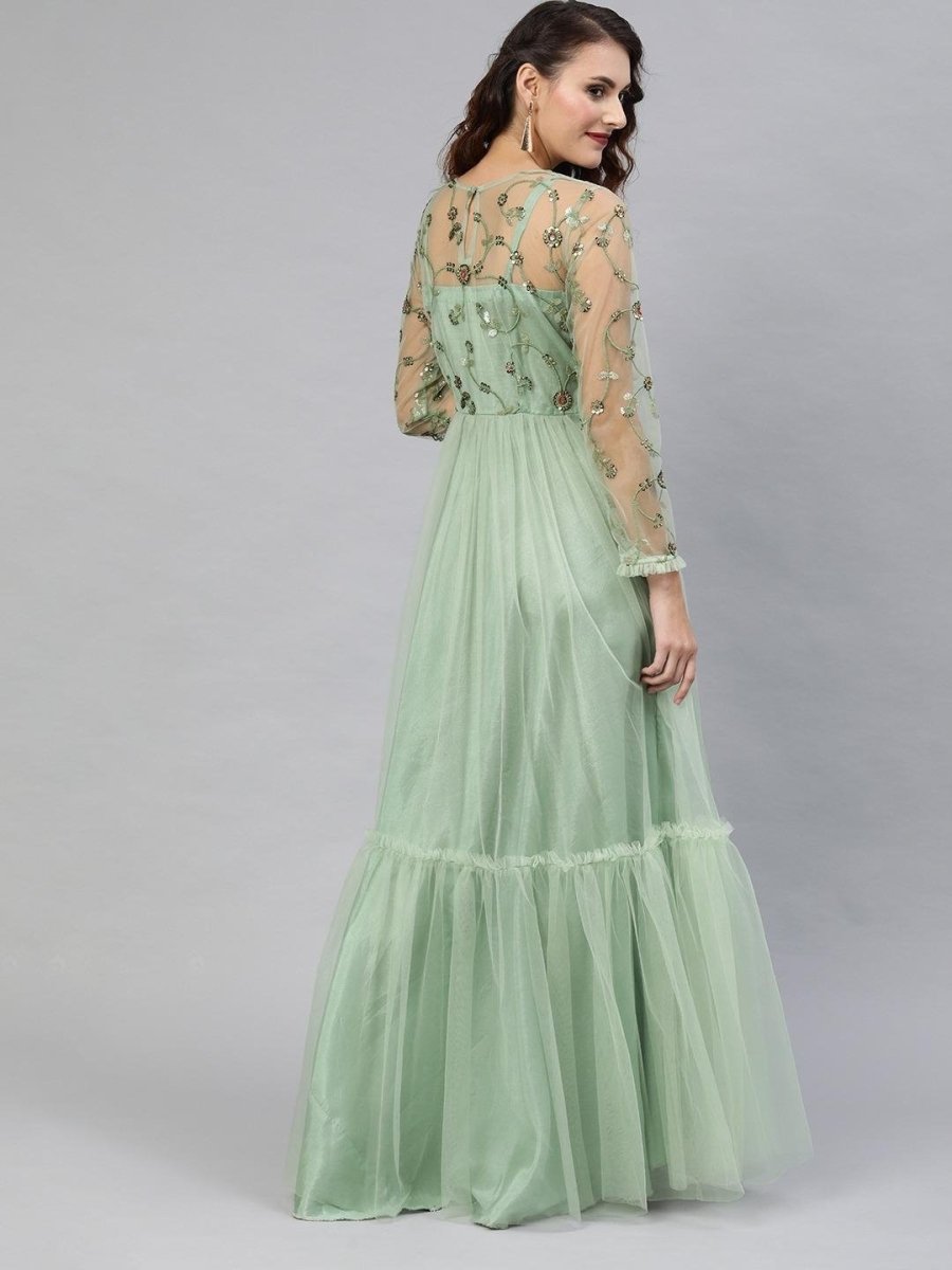 Green Net Embroidered Fit & Flared Maxi Gown - inddus-us