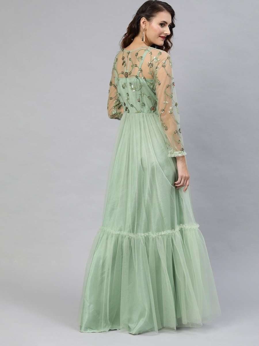 Green Net Embroidered Fit & Flared Maxi Gown - inddus-us