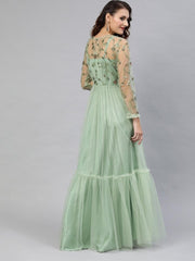 Green Net Embroidered Fit & Flared Maxi Gown - inddus-us