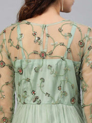 Green Net Embroidered Fit & Flared Maxi Gown - inddus-us