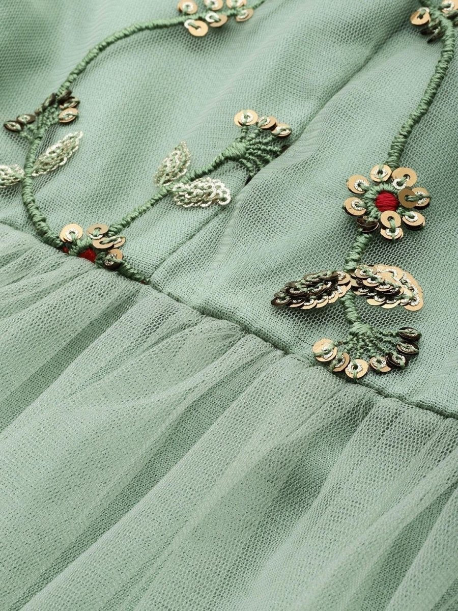 Green Net Embroidered Fit & Flared Maxi Gown - inddus-us