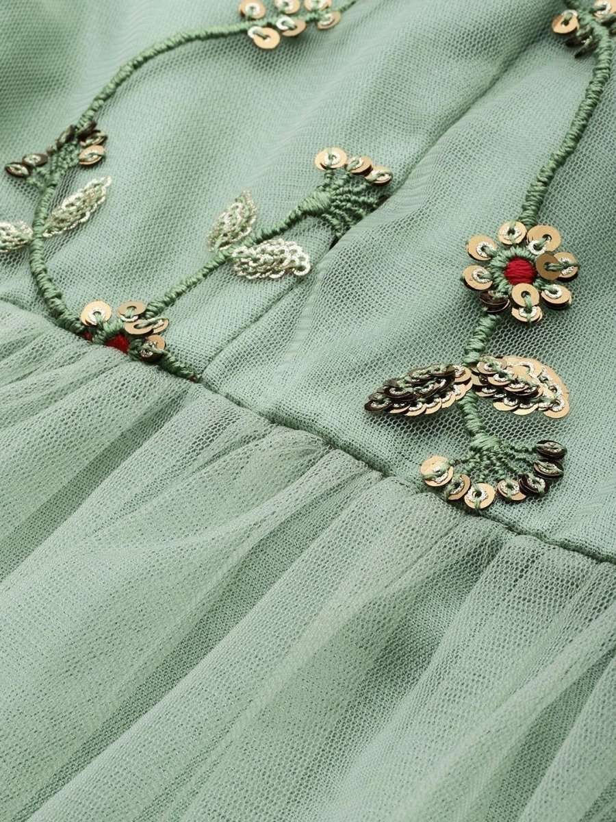 Green Net Embroidered Fit & Flared Maxi Gown - inddus-us
