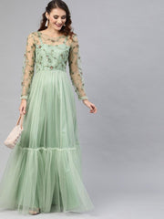 Green Net Embroidered Fit & Flared Maxi Gown - inddus-us